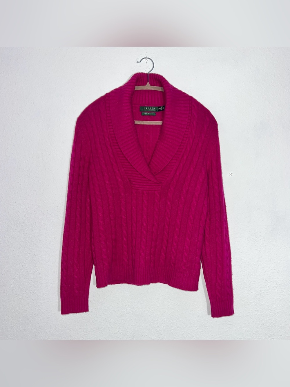 Lauren Ralph Lauren 100% Cashmere Fuchsia Cable-Knit Shawl Collar Sweater Medium
